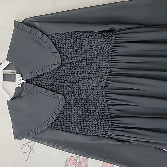 GANNI Ruffled-Collar Smocked Chiffon Dress Size 32 Or Size 0 - Picture 7 of 16